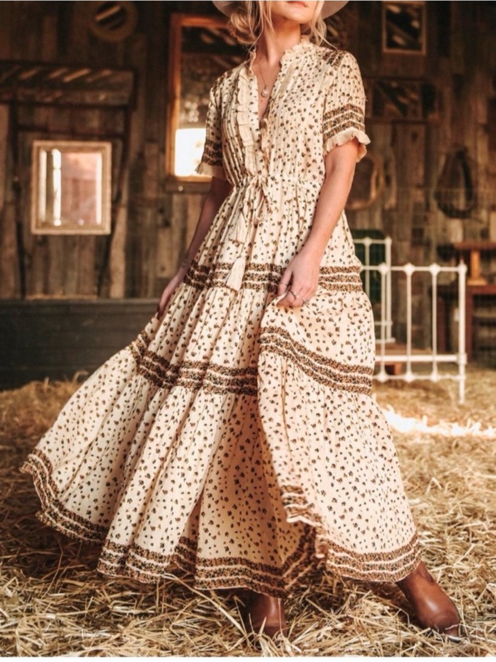 Free People Cream Floral Boho Tiered Maxi Dress